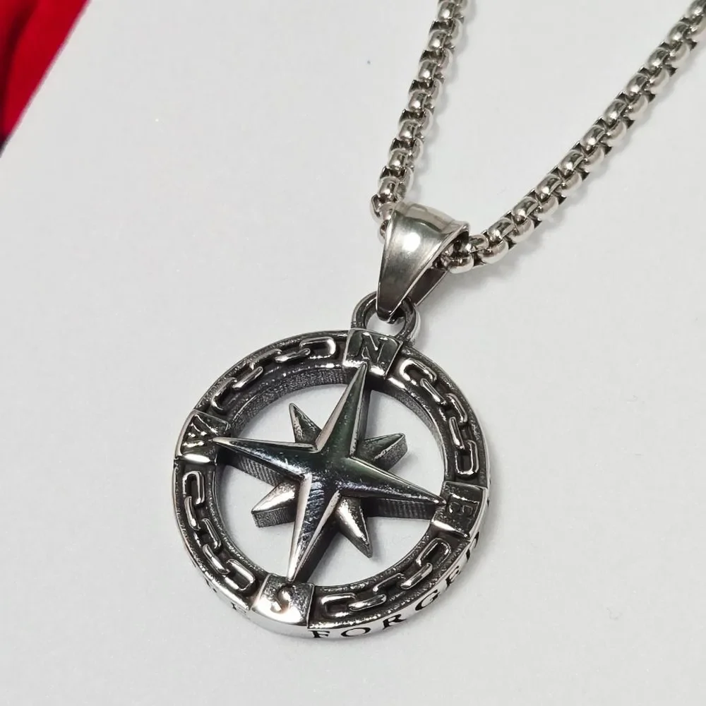 Compass Necklace 316L Stainless Steel 24” Men's Viking Norse Nautical Pendant